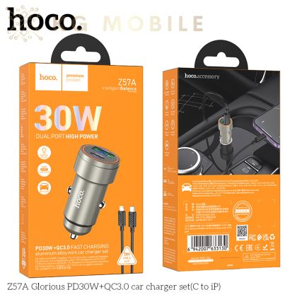 HOCO Z57A Зарядно за кола USB+USB-C PD30W + QC3.0 30W - Type-C към Lightning